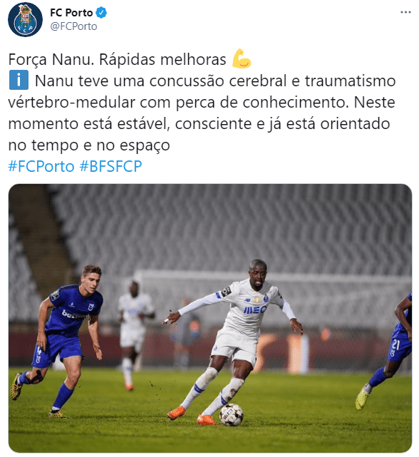 Nanu sofreu concussão cerebral. “Encontra-se consciente e estável”