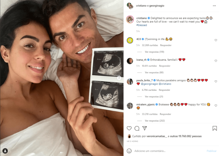 Cristiano Ronaldo e Georgina anunciam que vão ser pais de gémeos