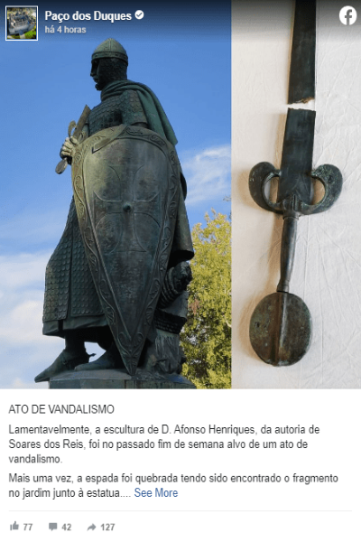 Estátua de D. Afonso Henriques em Guimarães sem espada após “ato de vandalismo”