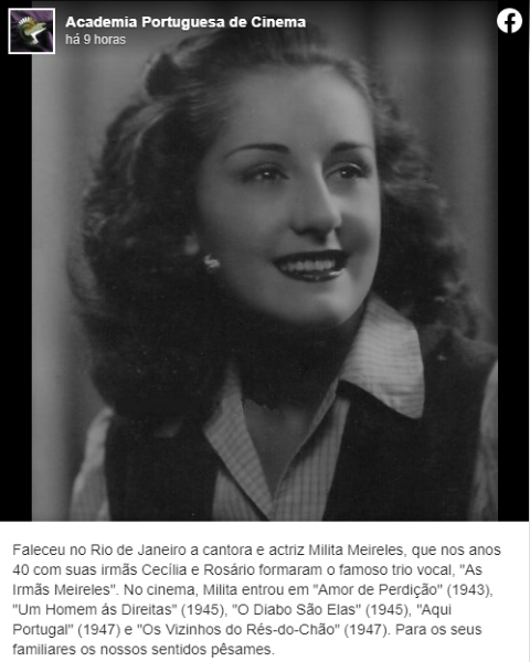 Morreu a cantora e atriz Milita Meireles, que fez parte do trio Irmãs Meireles