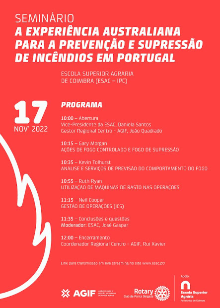 Coimbra | 17 de novembro | 10h00 | ESAC – Auditório H1 “A experiência australiana para a prevenção e supressão de incêndios em Portugal” em seminário na ESAC