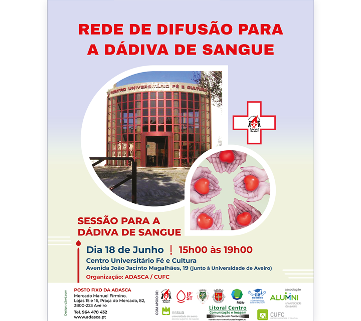 Sessão para a Dádiva de Sangue Dia 18 de Junho, das 15 às 19 horas no Centro Universitário de Cultura e Fé (CUFC)