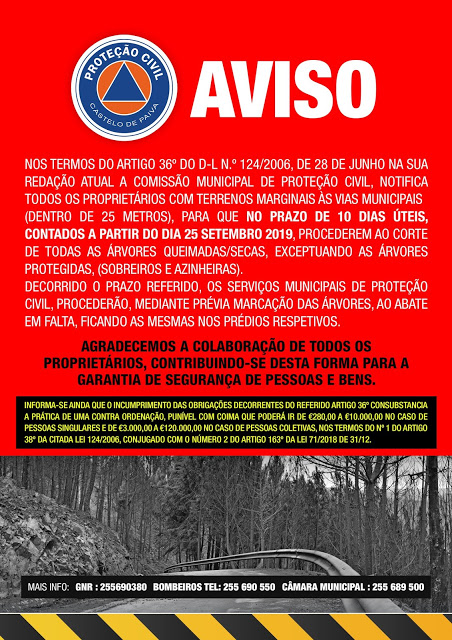Proprietários têm 10 dias a partir de amanhã, COMISSÃO MUNICIPAL DE PROTECÇÃO CIVIL QUER TERRENOS LIMPOS JUNTO ÀS VIAS MUNICIPAIS