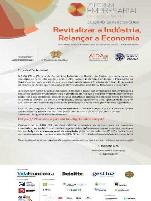 AIDA: 7º Fórum Empresarial Distrito de Aveiro “Revitalizar a Indústria, Relançar a Economia” | 25 jun | online