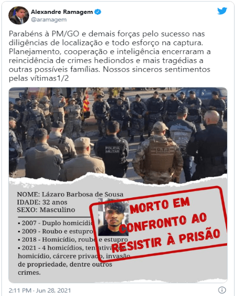 Polícia brasileira mata assassino em série que estava em fuga há 20 dias