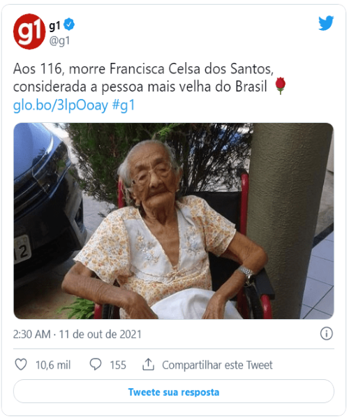 Francisca Celsa passou por duas pandemias. Mulher mais idosa do Brasil morre aos 116 anos