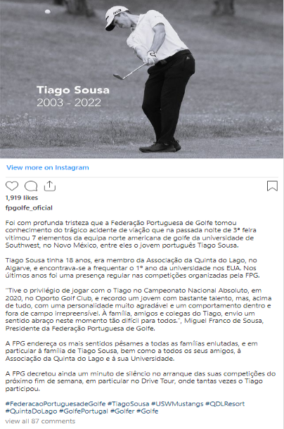 Jovem de 13 anos conduzia pick-up que colidiu com carrinha onde seguia golfista português