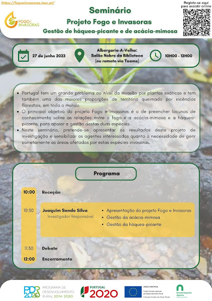 Seminários (Lousã e arganil – 20 de junho; Albergaria-a-Velha – 27 de junho) + Workshop (ESAC | Auditório H1 – 28 de junho) Resultados do projeto “Fogo e Invasoras” são apresentados publicamente