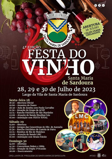 Certame dedicado aos vinhos, gastronomia e animação Freguesia de Santa Maria de Sardoura vai acolher 4ª Festa do Vinho Gastronomia e Actividades