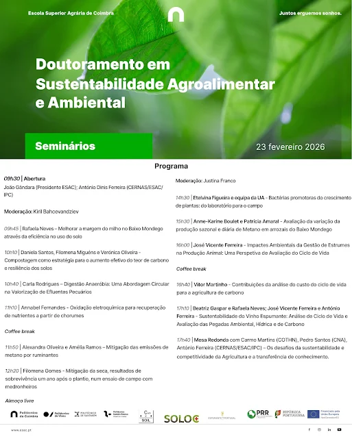 23 de janeiro de 2026, ESAC, presencial (sala J2.S5) e online. Seminários no âmbito do Doutoramento em Sustentabilidade Agro-Alimentar e Ambiental regressam à ESAC