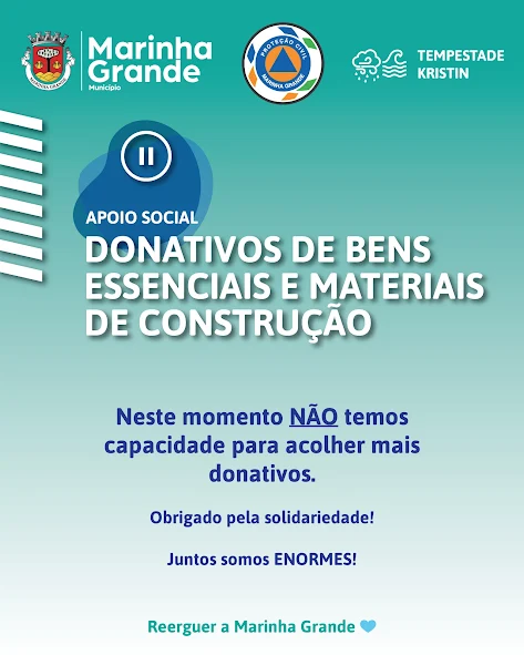 Marinha Grande | MUNICÍPIO SUSPENDE TEMPORARIAMENTE A RECEÇÃO DE DONATIVOS POR FALTA DE CAPACIDADE DE ARMAZENAMENTO