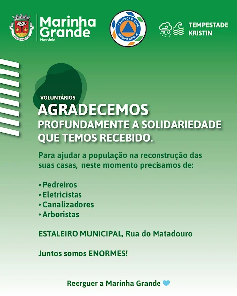 MUNICÍPIO DA MARINHA GRANDE APELA A VOLUNTÁRIOS ESPECIALIZADOS PARA APOIAR RECONSTRUÇÃO